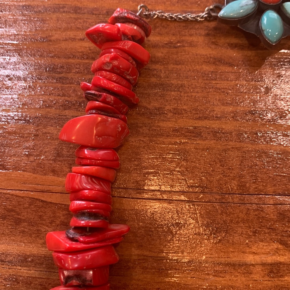 Red Coral with Turquoise Clasp Navajo Necklace - Picture 5 of 17